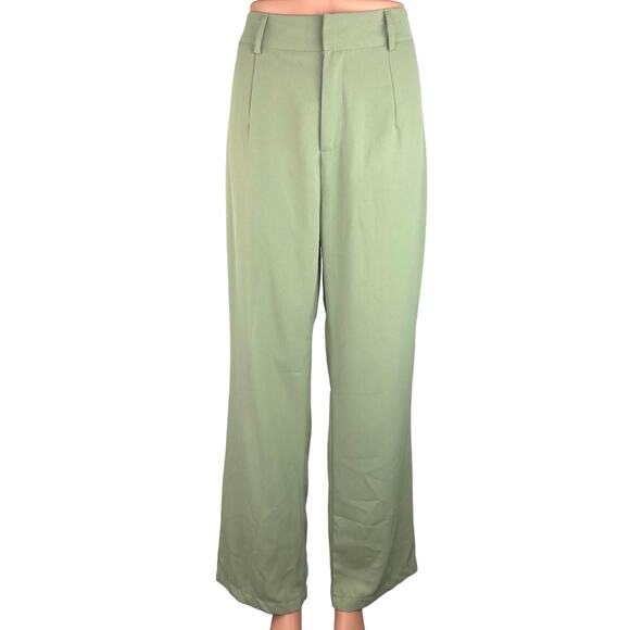 Shein Green High Rise Pleated Wide Leg Business Career Trouser Pants Size 8/10 - Picture 1 of 5